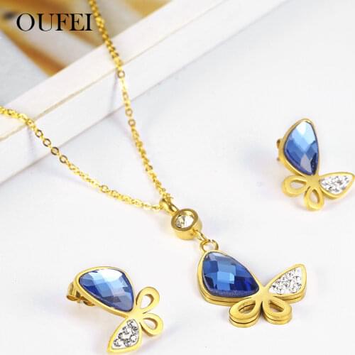 OUFEI Glass Stone Necklace Earrings Set Stainless Steel Jewelry Woman Vogue 2019 Bridal Jewelry Sets Jewelry Accessories