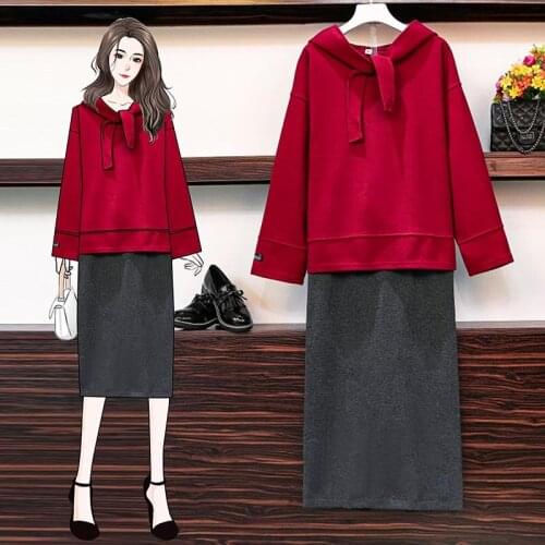 Snordic M-4XL Women Autumn Casual Two Piece Skirts Set Outfits Bow Tie Hooded Sweatshirt with High Waist Skirt
