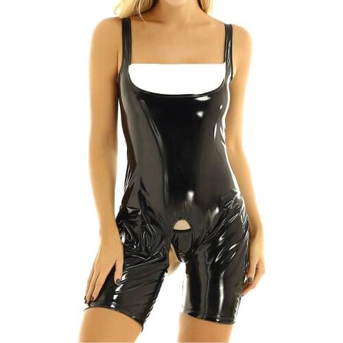 Womens Lingerie Crotchless Open Butt Bodysuit Wet Look Patent Leather Deep U Neck Sleeveless Slim Fit Short Leotard Jumpsuit