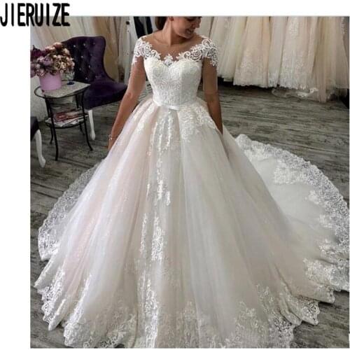 JIERUIZE Elegant Wedding Dresses Sheer O Neck Short Sleeves Lace Up Back Bow Sashes Appliques Wedding Gowns Vestidos de novia