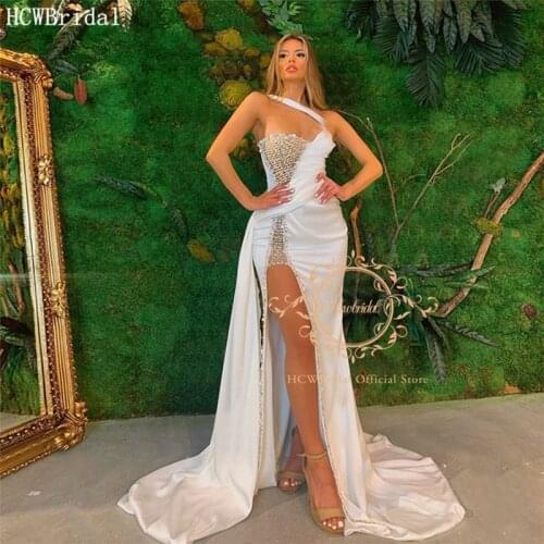 Sexy Mermaid White Long Evening Dress One Shoulder Beading Slit Special Occasion Prom Gown Plus Size Women Formal Party Dresses