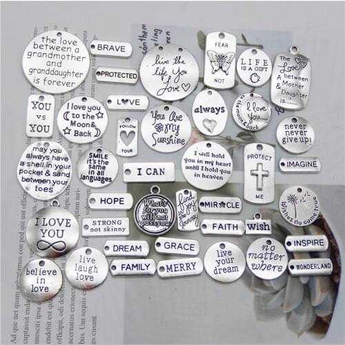 Julie Wang 20PCS Inspirational Words Charms Random Mixed Alloy Letter Tag Pendants Antique Silver Color Jewelry Making Accessory