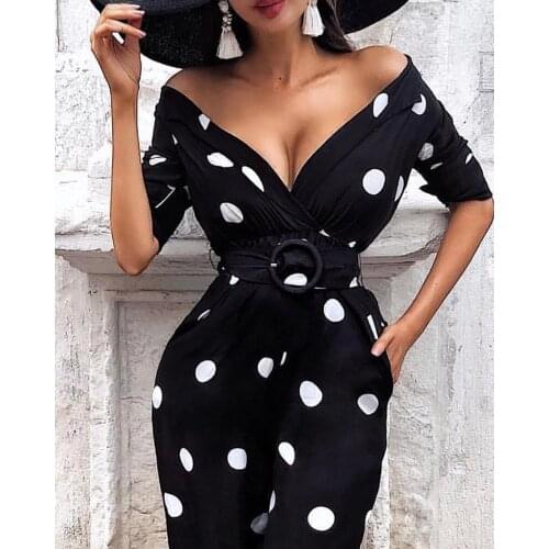 2019 Summer Women Polka Dot Print O-Ring Belted Dress Sexy Elegant Bodycon Party Dress Drop Shipping