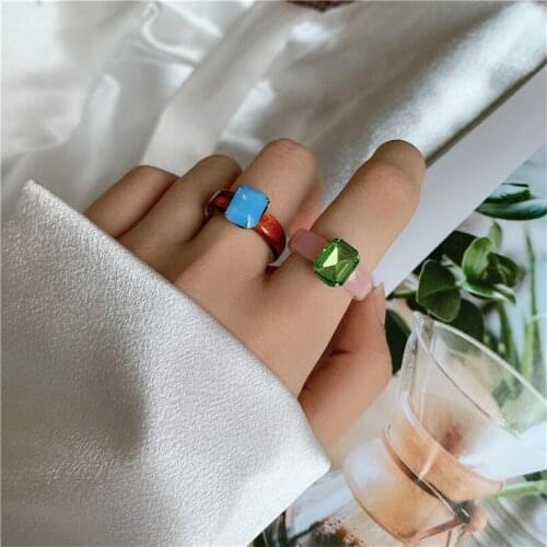 2020New Colorful Transparent Crystal Rings Geometric Glazed Glass Rings for Women Girls Korea Fashion Ring Jewelry Gifts-A