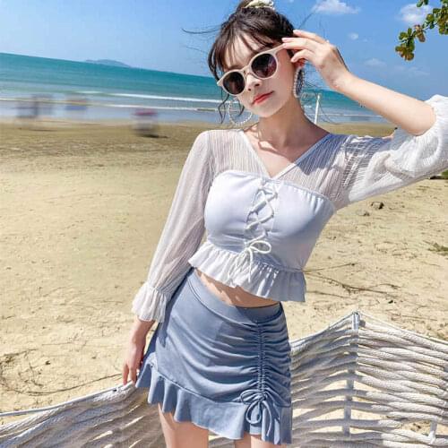 2021 South Korea New Style Long-Sleeved Deep V Mesh Gauze Hollow Lotus Leaf Hem Drawstring Design Conservative Culottes Swimwear