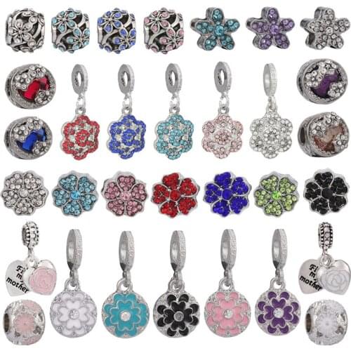2Pcs/Lot Silver Plated Colorful Crystal Cherry Blossoms Charm Beads Fit Charm Bracelet & Necklace For Women Jewelry Gift Making