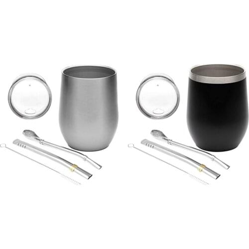 Yerba Mate Gourd Tea Cup Set 12Oz,Double-Wall Stainless Coffee Water Cup with Lid 2 Bombillas Straws Spoon&Brush