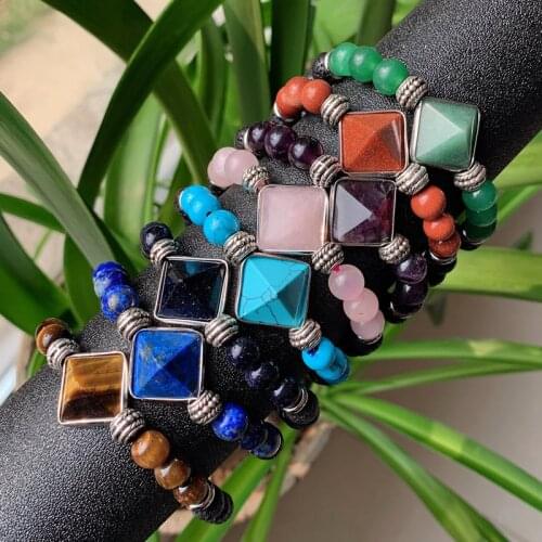 Energy Natural Stone Bracelets Healing Pyramid Charm Black Lava Lapis Amethysts Pink Crystal Bracelets Women Men Couple Jewelry