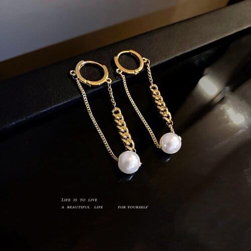 European and American Geometric Paper Clip Pearl Chain Earrings New Design Long Gold Chain Earrings for Women Fashion Jewelry