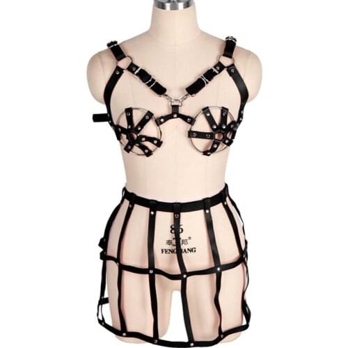 Fetish Sexy 2 Pcs Bondage Lingerie Set Women Body Harness Dress Cage Bra Hollow Out Skirt Club Rave Clothing BDSM Erotic Garter