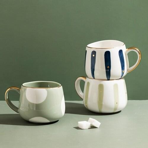 MDZFSWEETHOME 370ml Nordic Creative Ceramic Coffee Cup Home Water Milk Mark Mug Gold Inlaid Couple Cup Holiday Birthday Gift