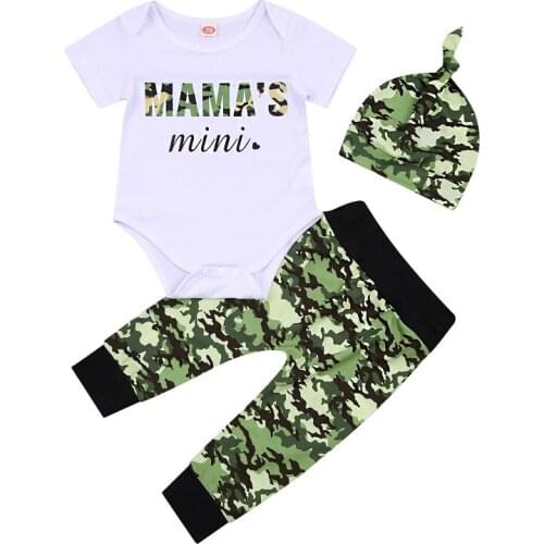 3PCS Set Mamas Mini Newborn Baby Boy Short Sleeve Cotton Bodysuit Tops Camouflage Pant Hat Outfits Summer Clothes
