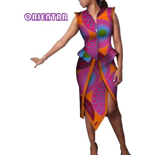 African Two Pieces Set Women Sleeveless Crop Tops & Mid-Calf Skirt Sets Women Mermaid Hem Fork Skirts African Clothing WY3850