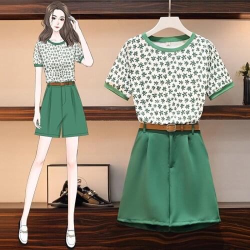 EHQAXIN Summer Autumn Womens Two-Piece Set Casual Green Printed T-Shirt Tops + High Waist Belt Wide Leg Shorts Set Female M-4XL