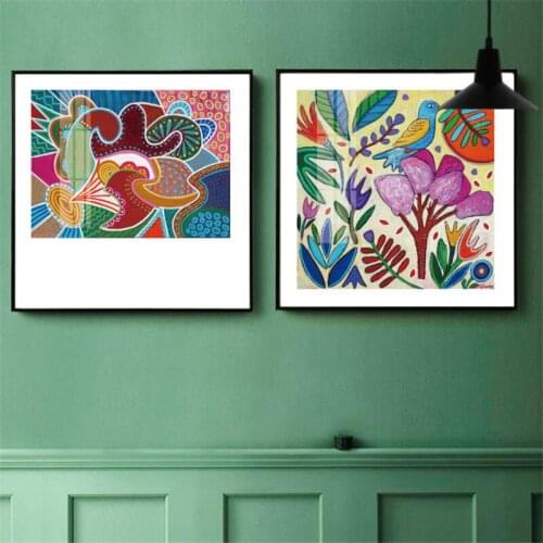 Colorful Pattern House TreeHand Printed Abstract Art Wall Posters Canvas Painting and Picture for Living Room Bedroom Decoration