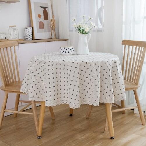 Japanese Style Small Daisy Flower Round Tablecloth Cover with Lace Hem Coffee Dinner Table Cloth for Wedding Banquet