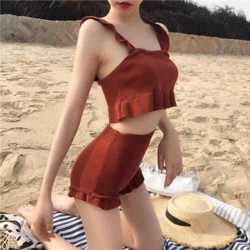 Summer Swimming Suit Korean Student Knitted Swimsuit Fairy Sexy Lace Split Two-piece Vacation Beach Wear Bathing Suits