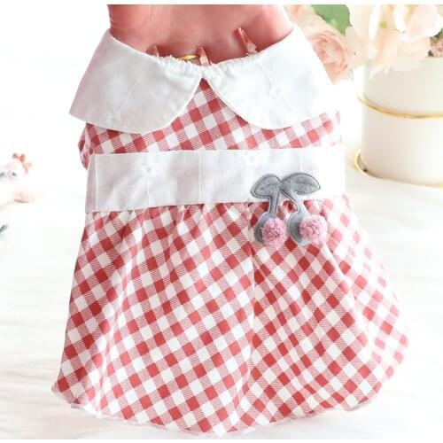 Summer Dog Clothes Small Cherry Plaid Skirt for Dogs Princess Pullover Dog Dresses