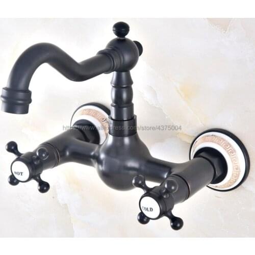 Oil Rubbed Bronze Wall Mounted Kitchen Bathroom Sink Faucet Dual Handle Swivel Spout Hot Cold Water Mixer Tap Nnf467