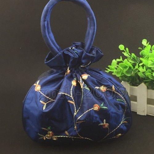 Fashion Womens Navy Blue Embroider Flower Silk Satin Bag Purse Jewelry Handbag 3PCS