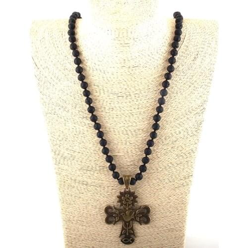 Fashion Bohemian Tribal Jewelry Multi Lava Stones Long Knotted Metal Flower Bird Cross Pendant Necklaces Women Ethnic Necklace