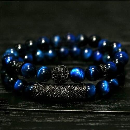 2 Piece/set Blue Tiger Eye Bead Men Bracelet Sets 2020 New Fashion Pave Cubic Zirconia Charms Bracelets For Men Luxury Jewelry