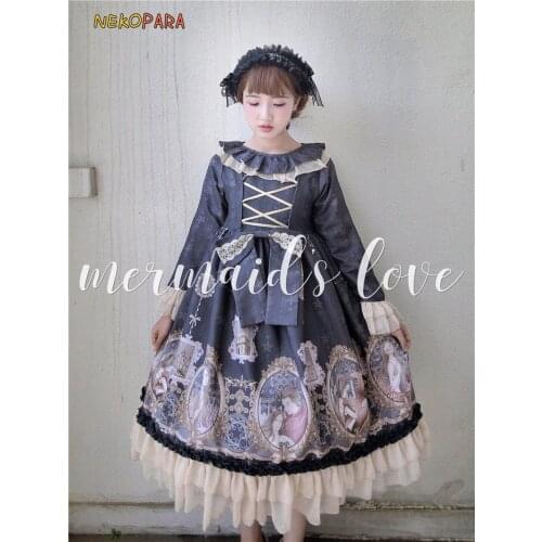 Original Mermaids Love Cute Womens Lolita OP Long Sleeve Dress Lace Cuff Lace Trim Big Bow Pink Dark Blue One Piece