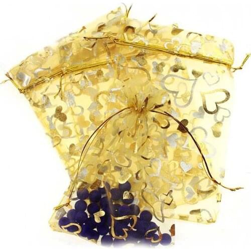 15*20cm 100pcs Gold Gold Heart Gift Bags For Jewelry/wedding/christmas/birthday Yarn Bag With Handles Packaging Organza Bags