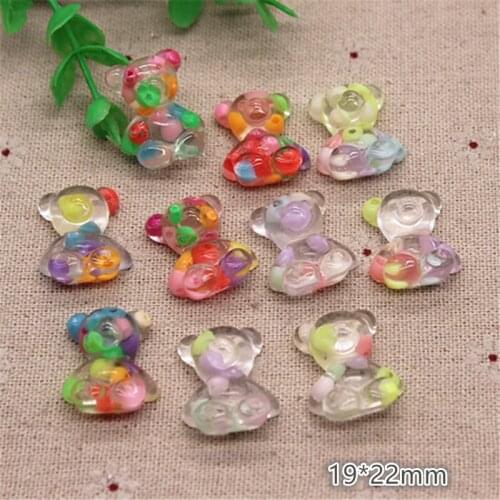 10pcs 19*22mm Kawaii Resin Transparent Bear Filled Colorful Beads Flatback Cabochon Miniature Art DIY Hair Clip Decoration