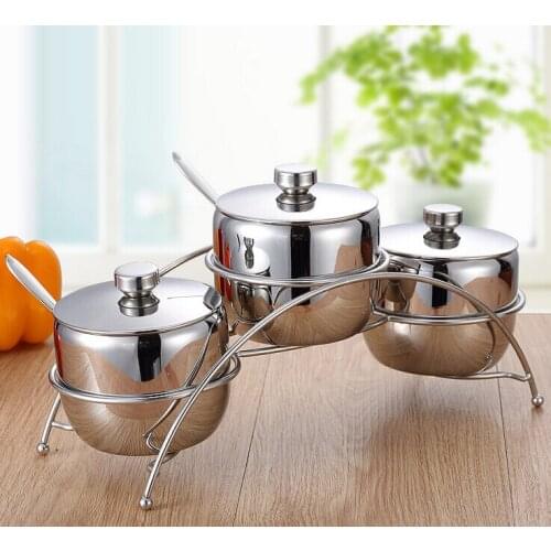 Sugar Bowl with Lid and Spoon Stainless Steel Condiment Server Three A Set Tea Coffee Sugar Storage Jars Fashion Seasoning Pot