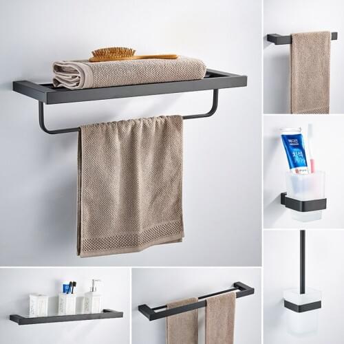 304 Stainless Steel Towel Rack Black Paint Bathroom Shelf Wall Mount Toilet Brush Holder Bathroom Hardware Pendant Set