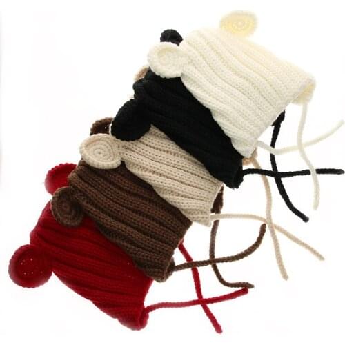 Knitted Winter Baby Hat with Ears Cartoon Lace-up Children Kids Baby Bonnet Cap for 1-3 Years 5 Colors Beanie