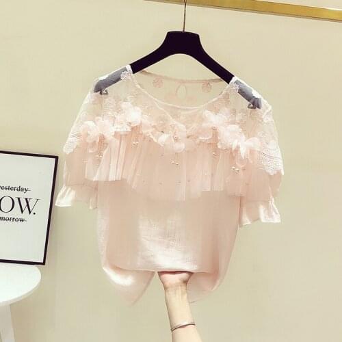 Cute Pink Blouses Femme Fashion Beaded Flower Top Womens Summer Lace Patch Ruffled All-Matching Shirt Sexy Blusas White Pink