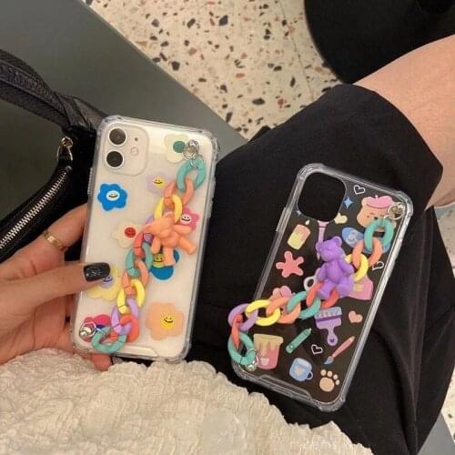 3D Cartoon Bear Wrist Chain Case for iPhone 12 Pro Max Back Phone Cover for 12 Mini 11 Pro Max X XS XR 8 7 Plus SE 2020 Capa