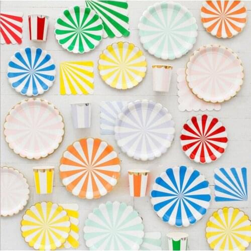 44pcs/set Multicolor Stripe Gold Foil Disposable Tableware Plate Cup Napkin Christmas New Year Birthday Party Decor Supplies