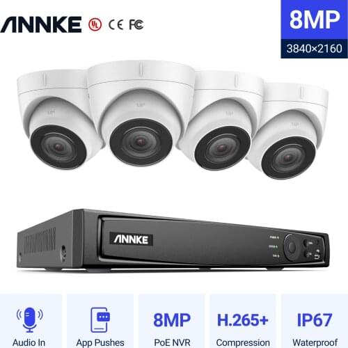 ANNKE 8CH 4K Ultra HD POE Network Video Security System 8MP H.265+ NVR With 4pcs 8MP Weatherproof IP Camera Support 128G TF Card