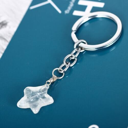 36PC Clear Quartz Nature Stone Star Charm Pendant Keychains Pentagram Keyrings Women Men Family Friends Gift Jewelry Key Chains
