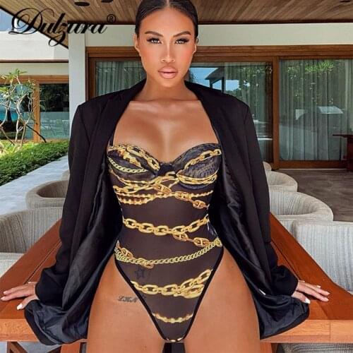 Dulzura Chain Print Women Strap Bodysuit Mesh Sheer See Through Bodycon Sexy Streetwear Party Club 2021 Summer Body