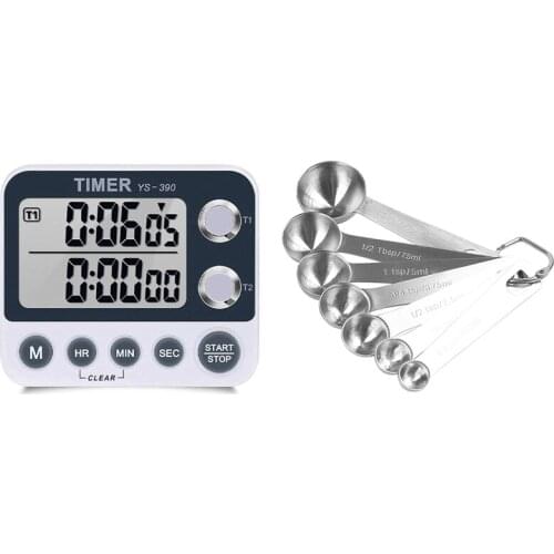 7 Pcs Chef Measuring Spoons, for Dry or Liquid with ​Digital Kitchen Timer Back,Timer,for Cooking Sports Office