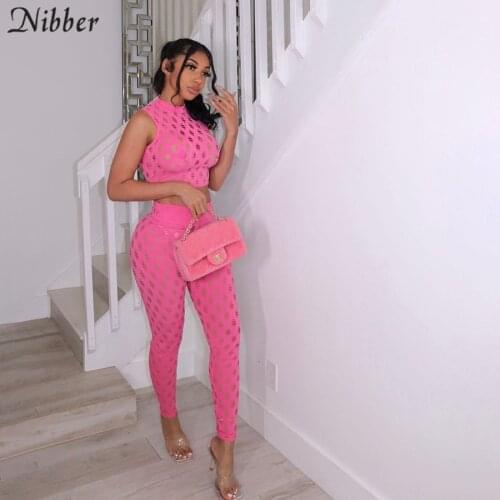Nibber Fashion Mesh Sexy 2 Two Piece Set Women Sleeveless Crop top And skinny pants 2021 Summer Club Party Vacation Outfits