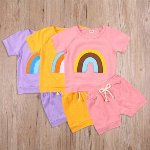 Toddler Baby Boys Girls Clothing Sets Children Summer Girls Clothes Kids Cotton Rainbow Print T Shirts+Shorts 2PCS Tracksuits