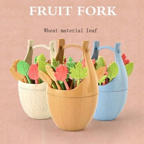 Cute Mini Wooden Barrel With Leaf-shaped Small Fork Environmentally Friendly Food Grade Wheat Straw Gift Kitchen Tool Set