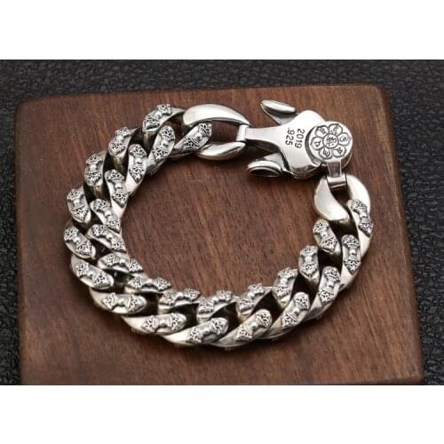 Mens Solid 925 Sterling Silver vajra Om-mani-padme-hum Link Bracelet bangle Chain Jewelry A4559