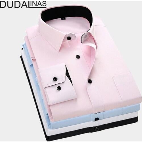 Dudalinas Men Long Sleeved Shirt Slim Fit Style Design Solid Color Business Casual Dress Shirt Male Social Brand Men Clothing