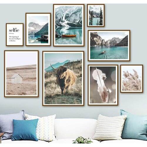 Grass Mountain Lake Boat Highland Cattle Wall Art Canvas Painting Nordic Posters And Prints Wall Pictures For Living Room Decor
