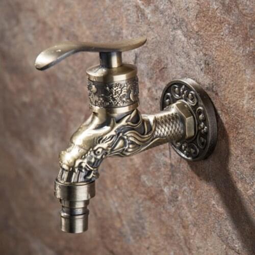 Wall Mount Bibcock Antique Dragon Carved Brass Retro Small Tap Decorative Outdoor Garden Faucet Small Single Zinc Alloy