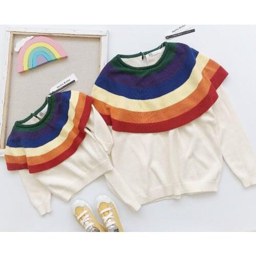New Autumn Family Matching Outfits Baby Girls Clothing Cotton Rainbows Daughter and Mom Sweaters Boutiques Knitting Pullovers
