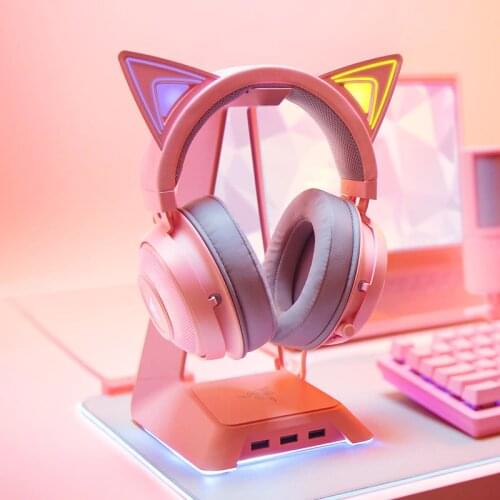 Original Razer KRAKEN Kitty edition Crystal Pink gaming headphone girl Cat ear RBG chroma light USB wired music game headset