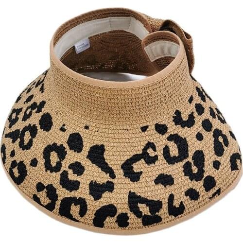New Ladies Casual Large brim Sun visor hat Leopard print straw hat Holiday Bow Folding Sunscreen casquette Caps