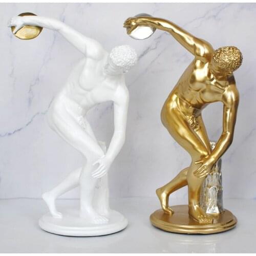 Golden Character Sculpture Discus Thrower figurines Sports Athlete Statue Resin Crafts Art Decor Bookcase Desktop Model Decor